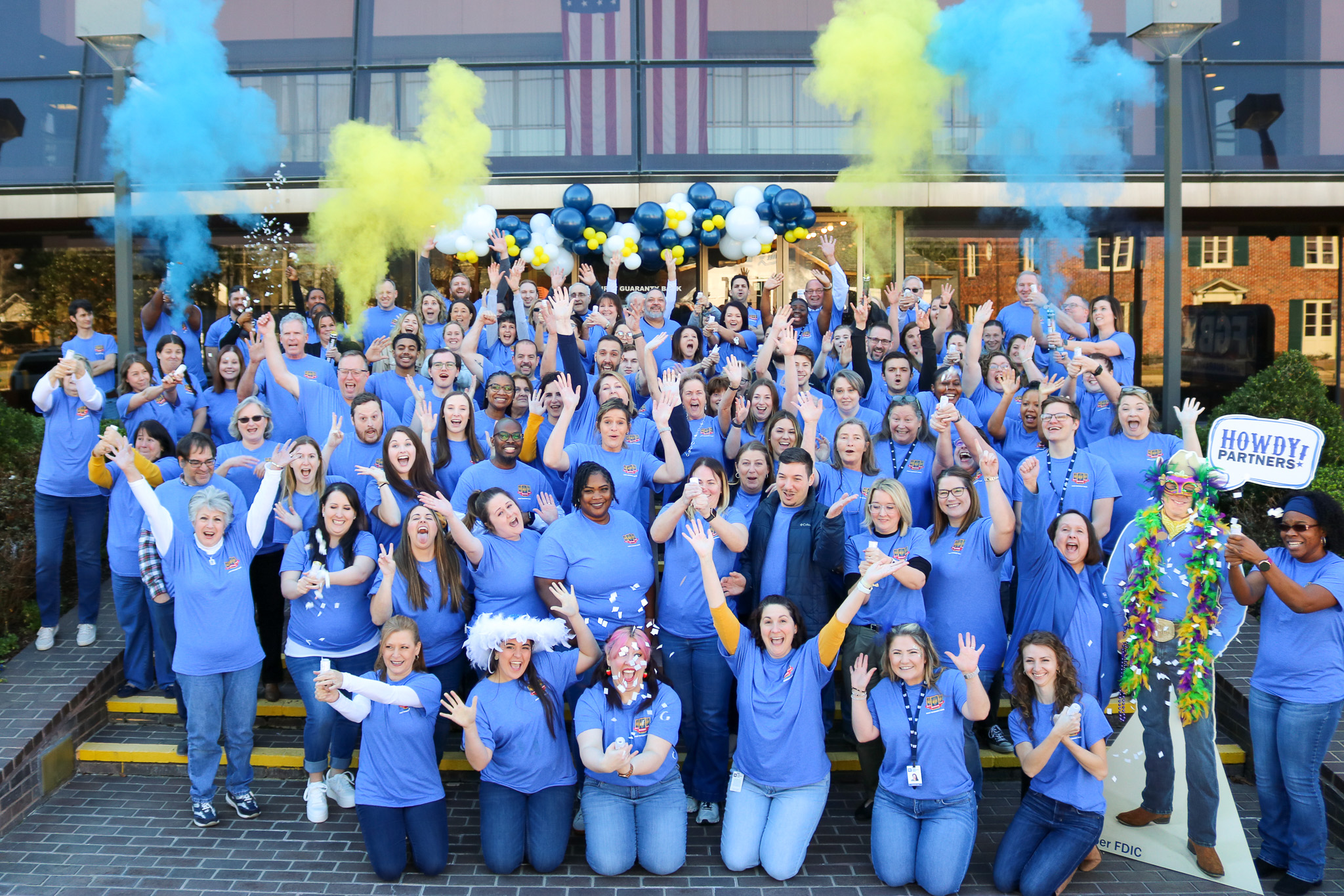 Celebration with Confetti and Blue and Yellow Smoke