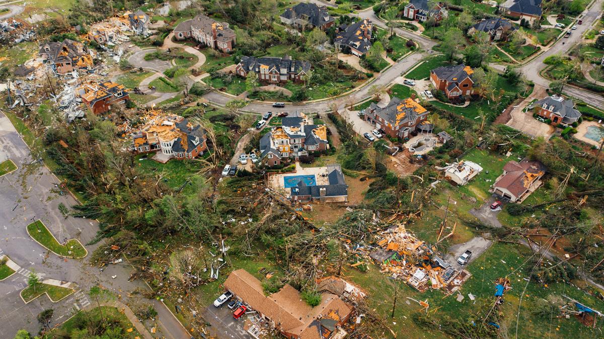 Natural Disaster Aerial View of Houses Destroyed from a Tornado