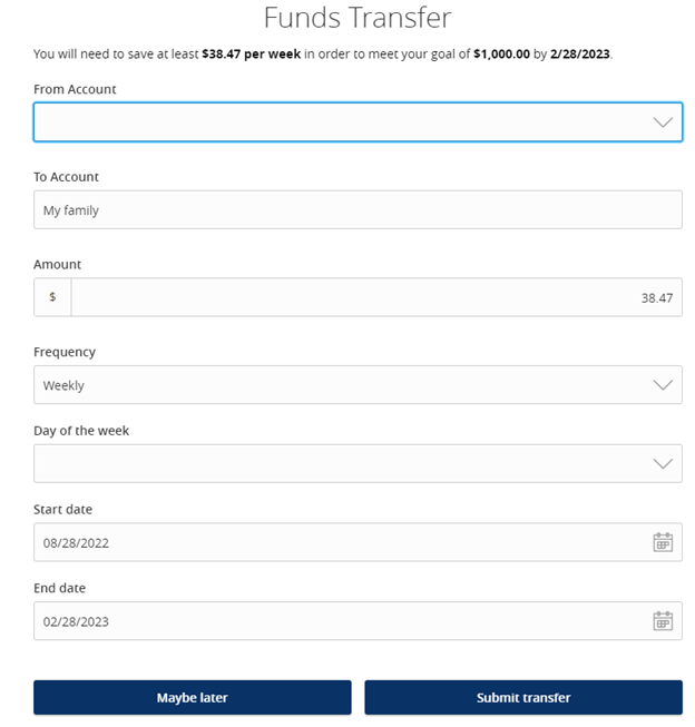 Goals Funds Transfer Screen