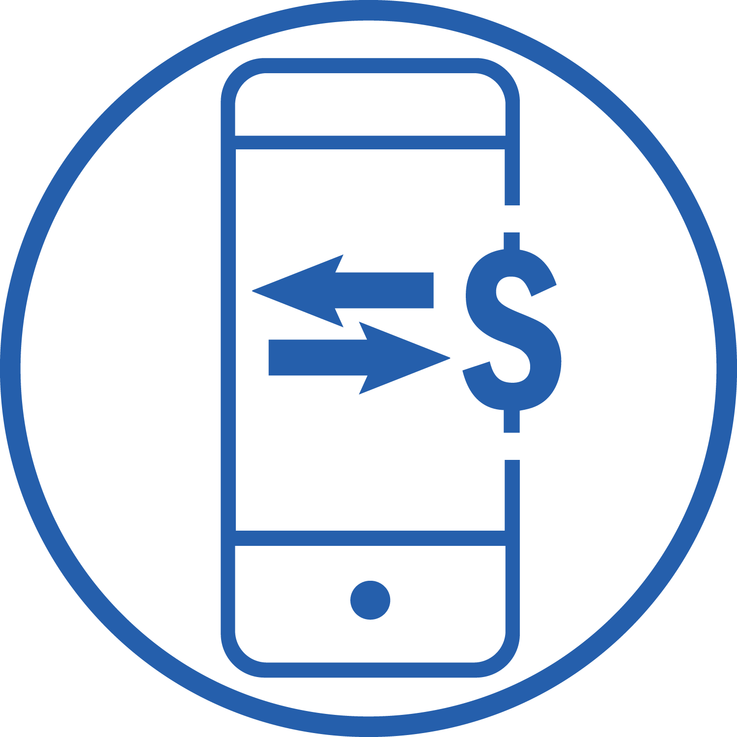 Phone Icon with Arrows and Dollar Sign inside of Larger Blue Circle